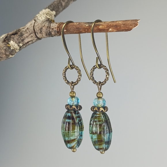 HAND CRAFTED Artisan Glass Drop Dangle Earrings Aqua Turquoise Brass Bronze - Picture 1 of 6